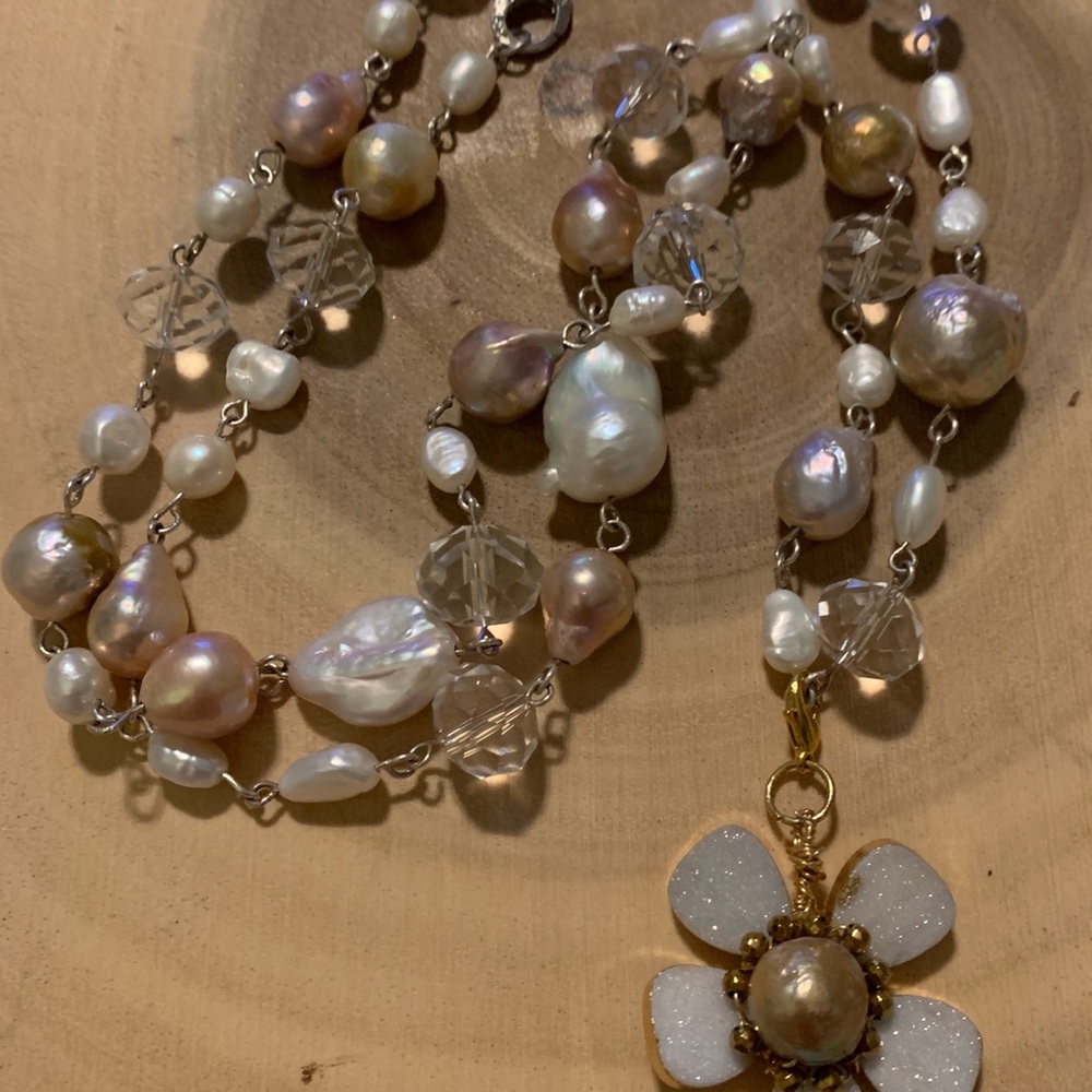 Handmade Wire wrapped Pearl and Flower Necklace